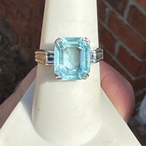925 Aqua Emerald Cut Glass Ring